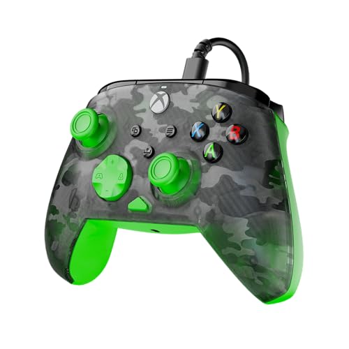 Turtle Beach Rematch Core wired gaming controller with green and ghost black camo design, audio controls, rumble motors, for Xbox and PC