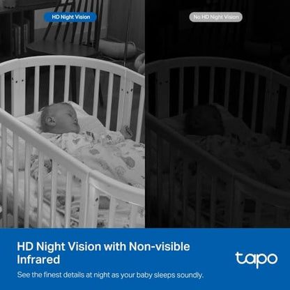 Tapo C840 2K 4MP dual-lens baby monitor with night vision, AI detection, and indoor security camera setup in a home environment.