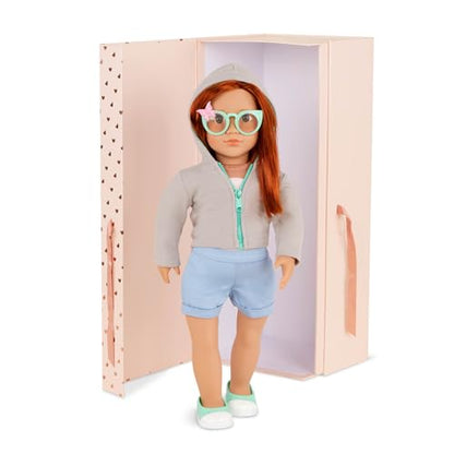 Our Generation 18-inch Cambi doll with red hair, blue eyes, butterfly outfits, and styling accessories in a gift box.