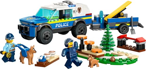 LEGO 60369 City Mobile Police Dog Training Set featuring SUV, trailer, obstacle course, and puppy figures for kids.