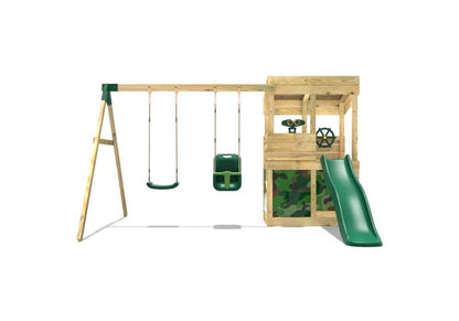 Rebo® Wooden Lookout Tower Playhouse with 6ft Slide with Swings - Zion | OutdoorToys | Pressure Treated Timber, Baby Swing, Secret Den, Climbing Wall, either Binoculars or Telescope & Steering Wheel