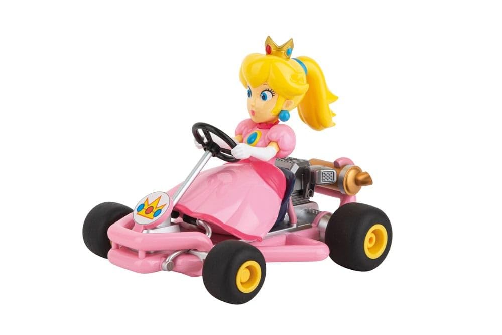 Pink Carrera RC Mario Kart Pipe Kart featuring Peach character from Nintendo Mario Kart series, remote-controlled racing toy.
