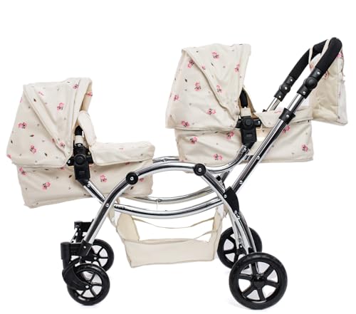 Roma Darcie Twin Cream Dolls Pram - Adjustable Handle Dolls Pushchair for Reborn Dolls, Double Dolls Pram with 16 Combinations, Bag & Shopping Basket - Ideal for Ages 3-16