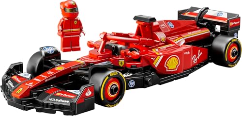 LEGO Speed Champions Ferrari SF-24 F1 race car model kit with a Formula 1 driver minifigure on display.