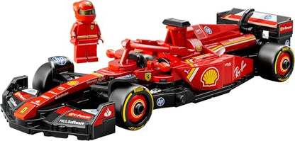 LEGO Speed Champions Ferrari SF-24 F1 race car model kit with a Formula 1 driver minifigure on display.