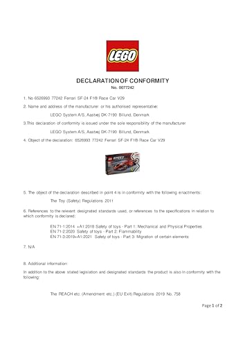 LEGO Speed Champions Ferrari SF-24 F1 race car model kit with driver minifigure, showcasing vibrant red and detailed design.