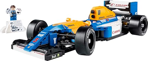 LEGO Icons Williams Racing FW14B F1 car model set with Nigel Mansell minifigure, trophy, and display stand.