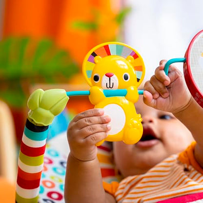 Bright Starts Playful Pinwheels Bouncer with colorful fabric, soft padding, and a removable toy bar for infants' entertainment.