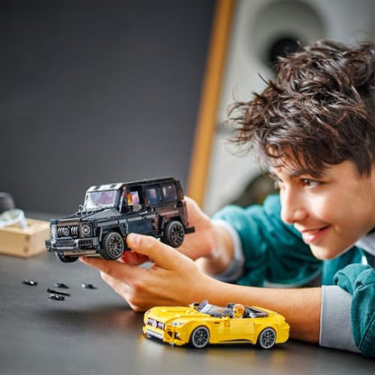 LEGO Speed Champions set featuring Mercedes-AMG G 63 and SL 63 cars with two driver minifigures for kids.