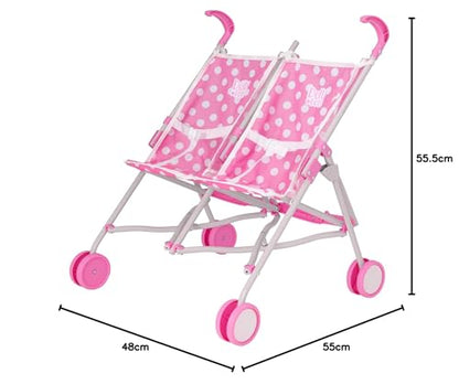 Pink Dolly Tots twin stroller with polka dots, lightweight foldable double dolls pram for kids aged 2+ with tandem design for role play.