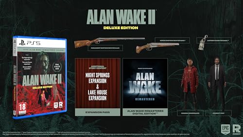 Alan Wake 2 Deluxe Edition for PS5 game case featuring artwork, published by Epic Games, with game title and edition details.
