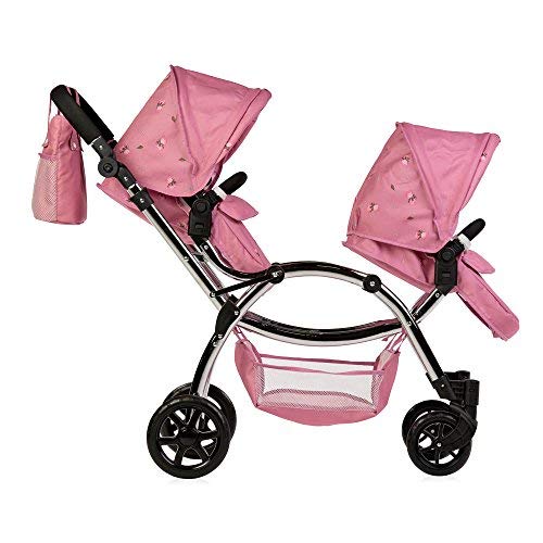 Roma Darcie Twin Dolls Pram in Pink with Adjustable Handle,Dolls Pushchair, Lightweight Dolls Double Buggy, Twin Pram for 3-16 Years, Fits 18 Inch Dolls, Ideal For Christmas, Birthdays and Reborns