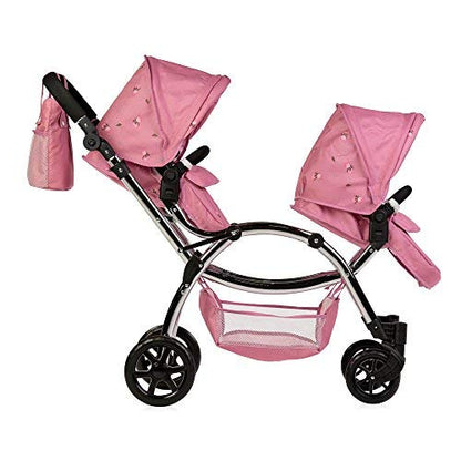 Roma Darcie Twin Dolls Pram in Pink with Adjustable Handle,Dolls Pushchair, Lightweight Dolls Double Buggy, Twin Pram for 3-16 Years, Fits 18 Inch Dolls, Ideal For Christmas, Birthdays and Reborns