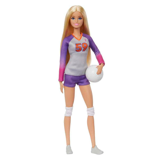 Barbie Made to Move volleyball player doll in uniform, holding a volleyball, showcasing flexible posing.