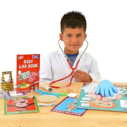 Galt Giant Science Lab kit for kids with lab coat, guide book, and STEM experiments in chemistry, biology, and physics.