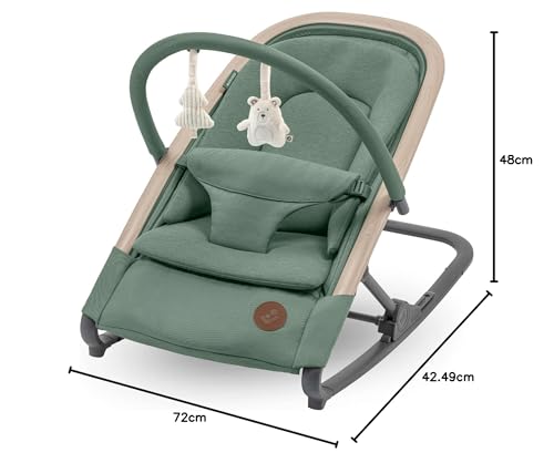 Maxi-COSI Kori 2-in-1 ergonomic baby bouncer chair with toy arch, adjustable recline, lightweight design, and newborn pillow.