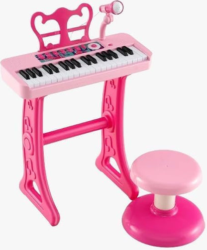 DIOXSTAR kids pink piano with 37 keys, adjustable microphone, compact design, and matching stool for imaginative music play.