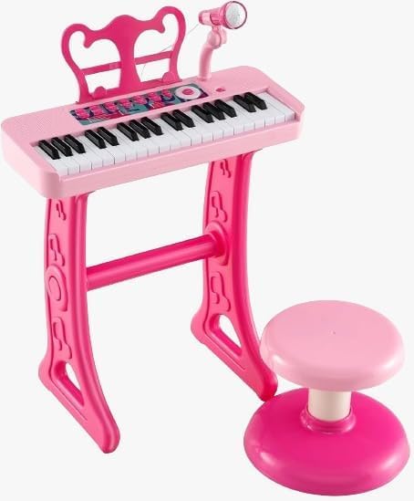 DIOXSTAR kids pink piano with 37 keys, adjustable microphone, compact design, and matching stool for imaginative music play.