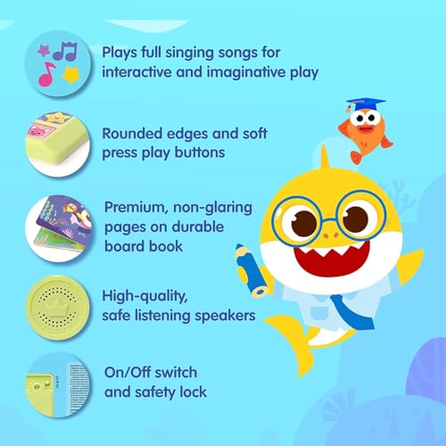 Pinkfong Baby Shark sing-along sound book with pink cover, featuring colorful illustrations and interactive buttons for toddlers.