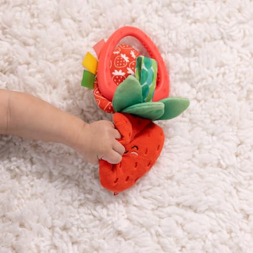 Melissa & Doug multi-sensory Peek-a-Boo Berry travel toy clip with colorful fabric and attached sensory elements for babies up to 12 months.