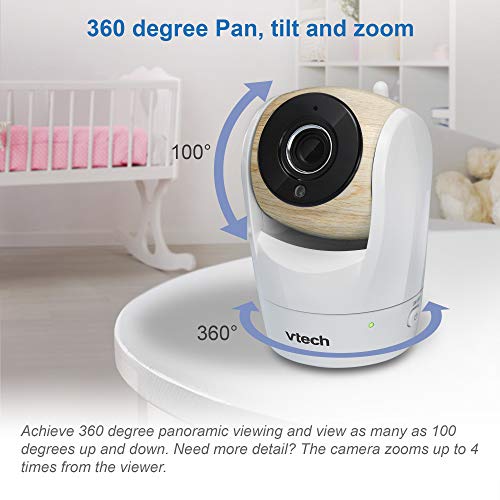 VTech VM919HD baby monitor with camera showing 360° pan-tilt, 7" HD display, night vision, and wide-angle view.