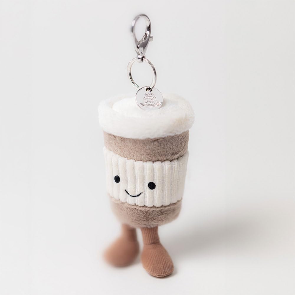 Jellycat Amuseables Coffee-To-Go bag charm plush keychain, 4.5 inches, featuring a cute coffee cup design.