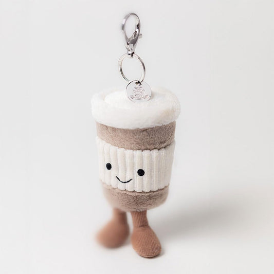 Jellycat Amuseables Coffee-To-Go bag charm plush keychain, 4.5 inches, featuring a cute coffee cup design.