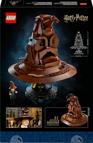 LEGO Harry Potter Talking Sorting Hat set with character minifigure, showcasing detailed design and sound features.