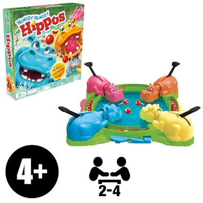 Hasbro Gaming Hungry Hungry Hippos Marble-Chomping Game for Kids, Fast-Paced Family Board Game with 4 Hippos & Marbles, Party Game for 2–4 Players, Ages 4+, Secret Santa Gift