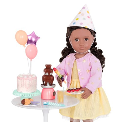 18-inch Our Generation doll party accessories featuring a birthday cake and colorful balloons for imaginative play.