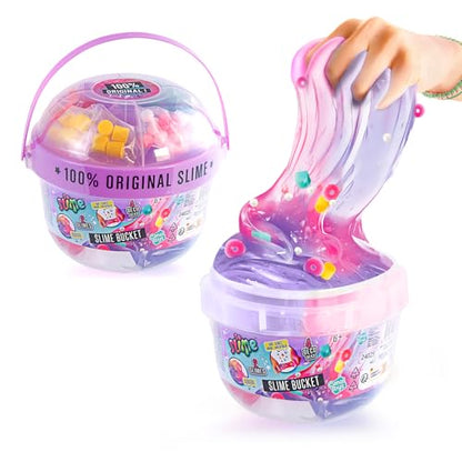 Canal Toys So Slime Mix’in Bucket with two textured slimes, charms, and decorations for kids ages 6+ in colorful packaging.