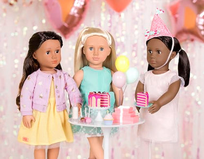 Our Generation 18-inch doll summer dress set with sunny day accessories, featuring vibrant colors and playful designs.