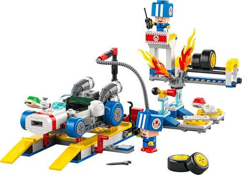 LEGO Super Mario Toad’s Garage set featuring Mario Kart, with blue Toad figures and mechanic toy details for kids and gamers.