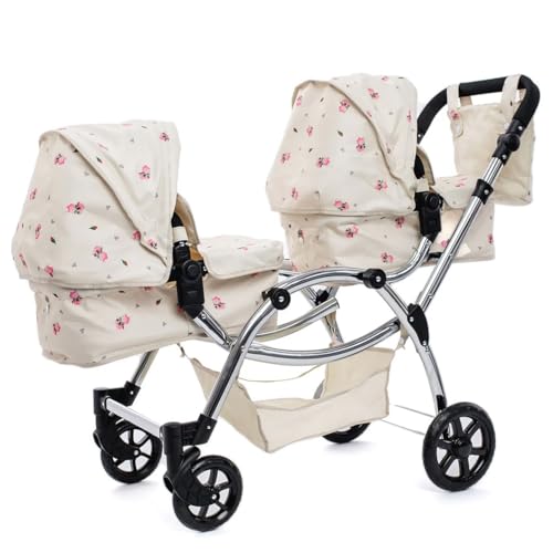 Roma Darcie Twin Cream Dolls Pram - Adjustable Handle Dolls Pushchair for Reborn Dolls, Double Dolls Pram with 16 Combinations, Bag & Shopping Basket - Ideal for Ages 3-16