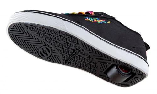 Heelys Girl's Pro 20 wheeled heel shoe in black rainbow with pink accents, size 12 UK child, featuring a built-in wheel for skating.