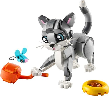 LEGO Creator 3in1 Playful Cat Toy set showing animal figures of a cat, pigeon, and pet dog in colorful bricks.
