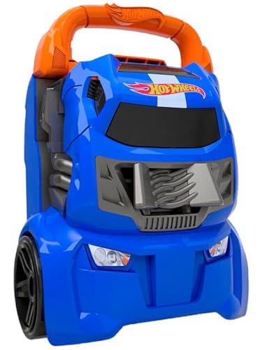 Hot Wheels car case launcher displaying storage for 20 cars and a connected launcher for kids aged 3 and up.