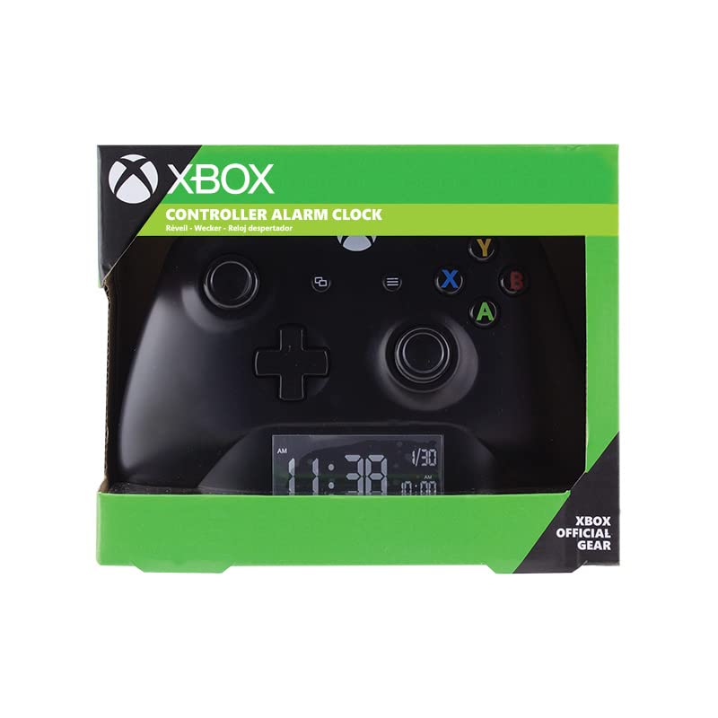 Black Paladone Xbox controller alarm clock with digital display showing time and date, gaming-themed bedroom decor accessory