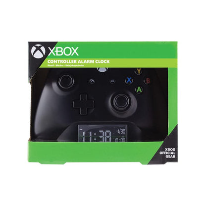 Black Paladone Xbox controller alarm clock with digital display showing time and date, gaming-themed bedroom decor accessory