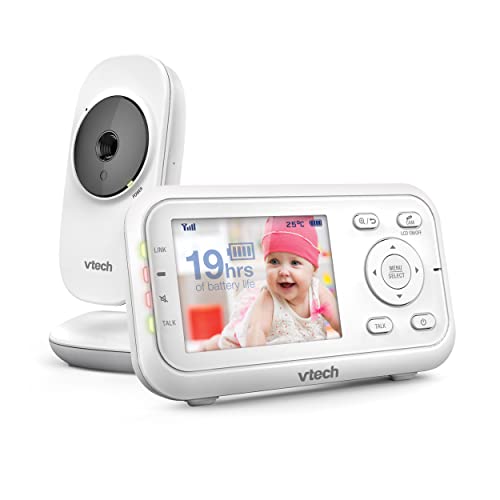 VTech VM3250 video baby monitor with camera, 2.8" LCD screen, night vision, long range, temperature sensor, and soothing sounds.