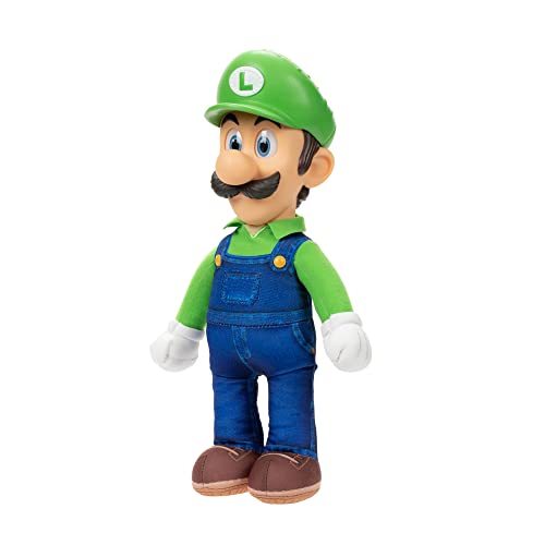 Nintendo Super Mario Bros. Luigi plush toy, 14-inch poseable figure with realistic eyes and detailed 3D outfit, for kids and collectors.
