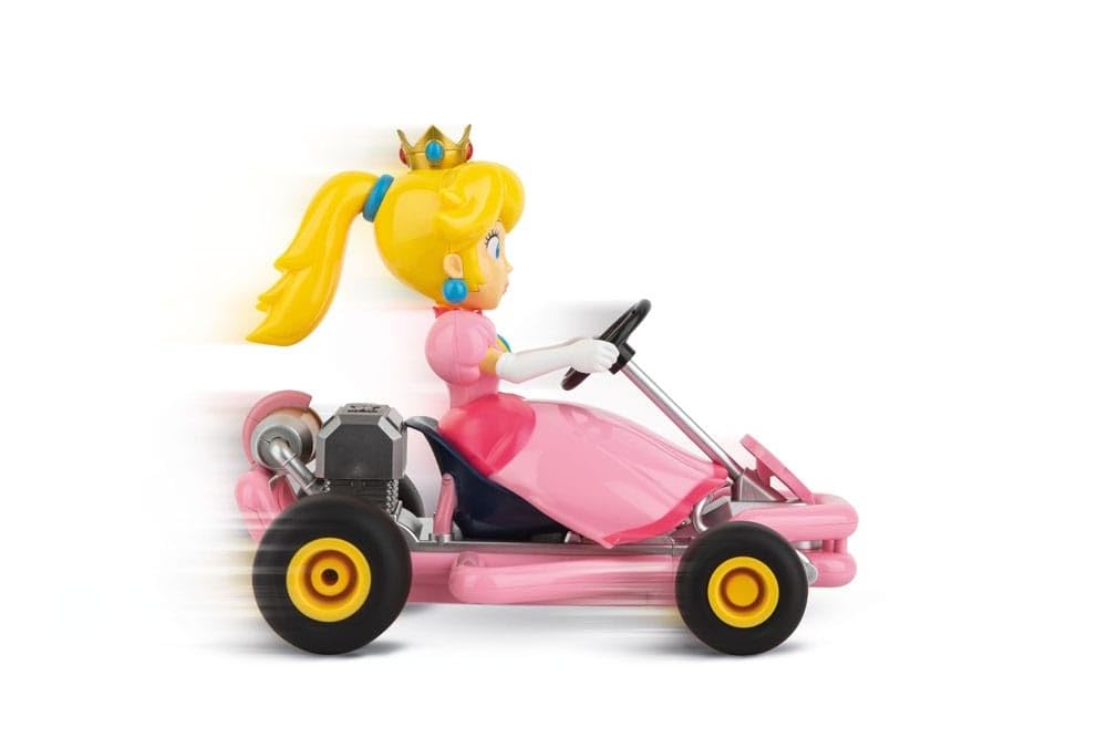 Pink Carrera RC Mario Kart Pipe Kart featuring Princess Peach, designed for remote control racing and detailed with Mario Kart themed graphics.