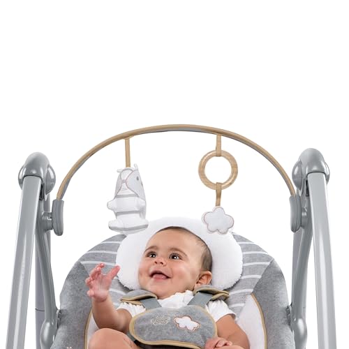 Ingenuity Swing 'n Go Deluxe baby swing with cushioned harness, plush toys, sound features, foldable design for infants 0-9 months.
