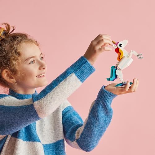LEGO Creator 3in1 Magical Unicorn toy in vibrant colors, showcasing transformation to seahorse and peacock figures.