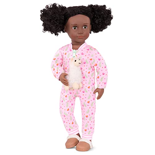 Our Generation 3-piece llama lullabies pyjama onesie set with plush llama toy for 18-inch dolls.