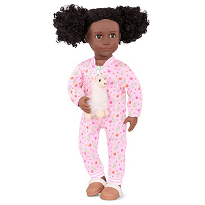 Our Generation 3-piece llama lullabies pyjama onesie set with plush llama toy for 18-inch dolls.