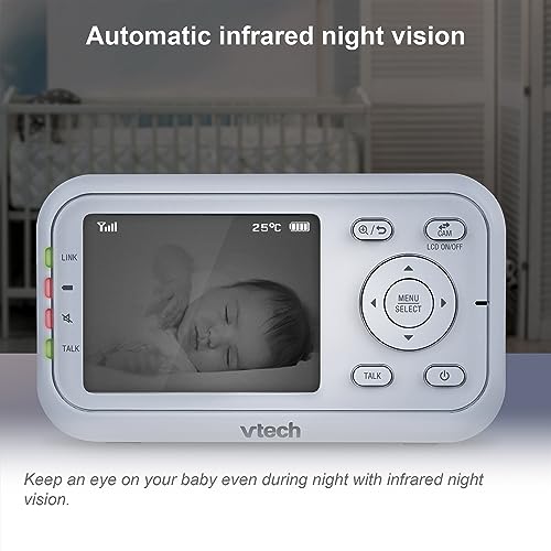 VTech VM3250 video baby monitor with camera, 2.8" LCD screen, night vision, long range, temperature sensor, and soothing sounds.