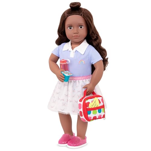 Our Generation school lunch bag with play food set, designed for 18-inch dolls, perfect for pretend play for ages 3 and up.