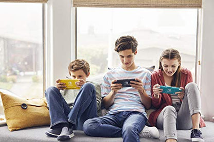 Nintendo Switch Lite in turquoise color, showing the handheld gaming console with colorful screen and control buttons.
