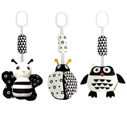 Set of 3 Mystiqut hanging sensory gym toys including ladybug, bee, and owl in high contrast black and white for ages 15+.